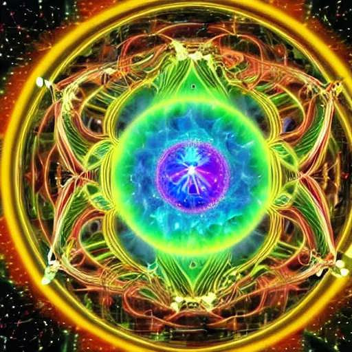 Image similar to quantum mechanical transdimensional imagery that connects all human minds to cosmic awareness | scientific psychedelic mystical occult religious