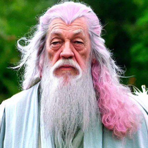 Prompt: gandalf with a large pink butterfly pinned to his head