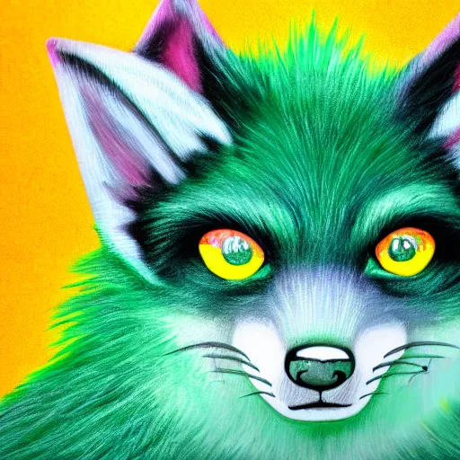 Prompt: close up of photorealistic green fox with green fur and glowing magenta eyes, wearing a black hoodie