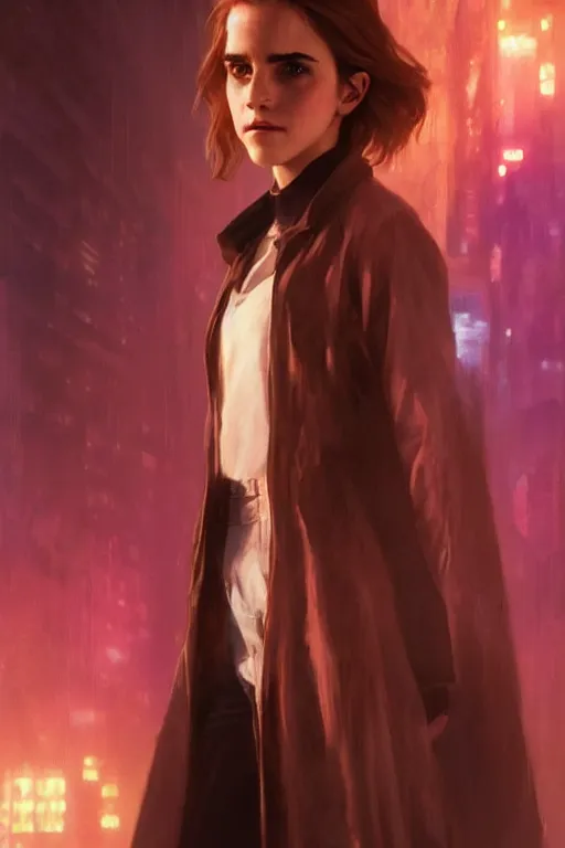 Image similar to portrait of Emma Watson as Hermione Granger in cyberpunk, neon lighting, night city, digital art from artstation by Ruan Jia and Mandy Jurgens and Artgerm and william-adolphe bouguereau and Greg Rutkowski and Wayne Barlowe