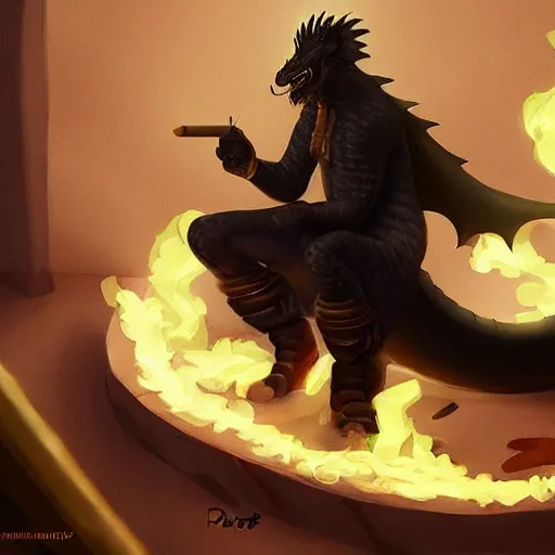 Prompt: prate lighting his cigar with black dragon instead of lighter, digital art, trending on artstation