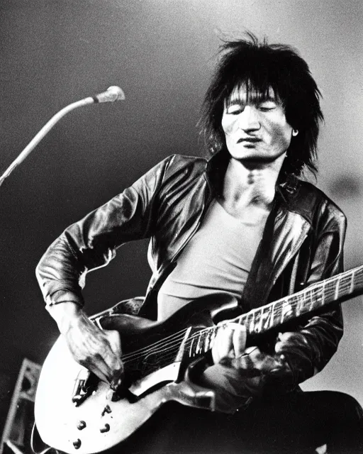 Prompt: sixty years old viktor tsoi with guitar in his hands, photo, microphone, rock concert, black and white, iso 6 0 0, 3 5 mm, codac gold