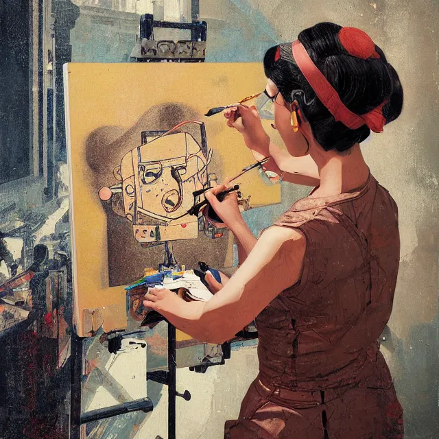 Image similar to robot artist painting a self - portrait on a canvas. intricate, highly detailed, digital matte painting, in the style of alexandros pyromallis, and in the style of sachin teng, and in the style of hans thoma, ( and in the style of gil elvgren ). irony, recursion, inspiration.