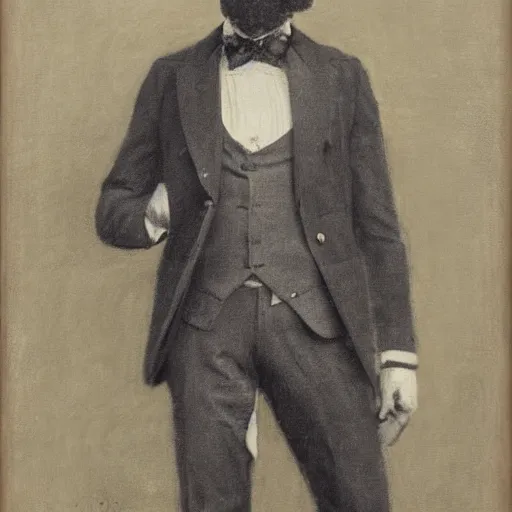 Image similar to action hero, suit, bow tie, mustache by alfred stevens in charcoal