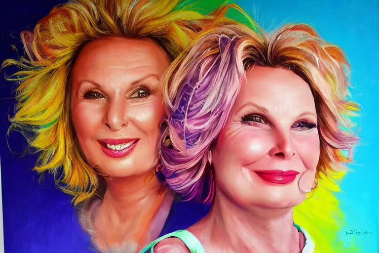 Prompt: A bright, happy painting of a Jennifer Saunders, beautiful, hyperrealistic, high-quality, professional, dramatic lighting, extremely high detail, trending on artstation