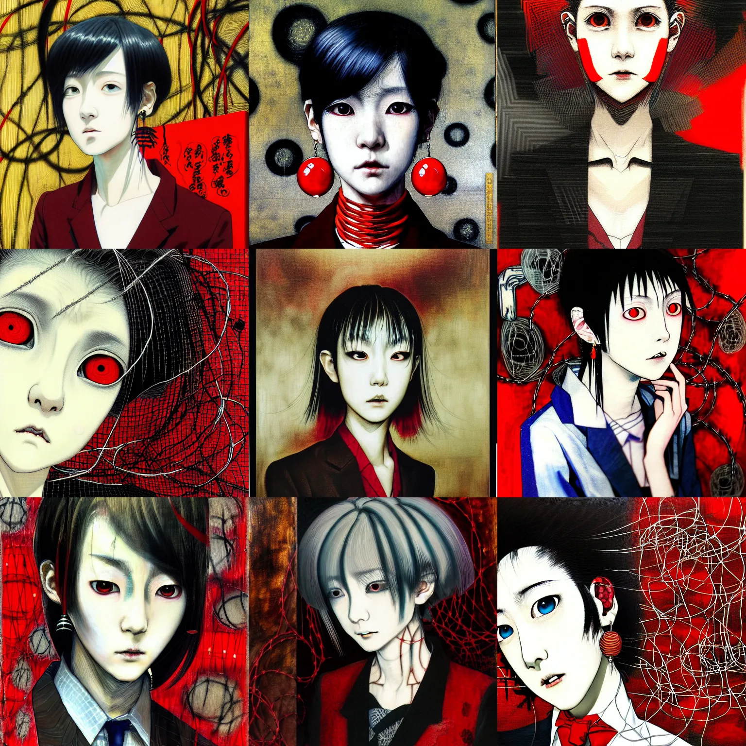 Prompt: yoshitaka amano blurred and dreamy realistic three quarter angle portrait of a sinister young woman with short hair, big earrings, and red eyes wearing office suit with tie surrounded by barbed wire, junji ito abstract patterns in the background, satoshi kon anime, noisy film grain effect, highly detailed, renaissance oil painting, weird portrait angle, blurred lost edges