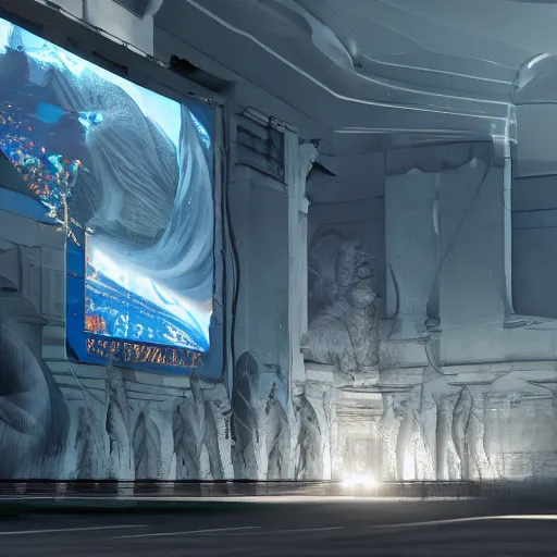 Image similar to sci-fi wall structure on the coronation of napoleon painting and photogrammetry point cloud digital billboard in the middle, unreal engine 5, keyshot, octane, artstation trending, ultra high detail, ultra realistic, cinematic, 8k, 16k, in style of zaha hadid, in style of nanospace Michael Menzelincev, in style of Dima Goryainov artstation, in style of Blade Runner 2049 lighting, in style of Ghost in the Shell lighting, in style of cyberpunk 2077 website, in plastic, dark, tilt shift,