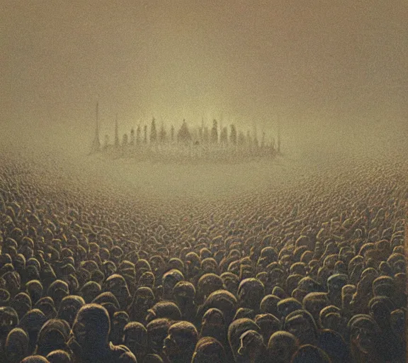 Image similar to a large amount of cultist followers gathered in front of a cult leader's stage, view from stage, in the style of beksinski