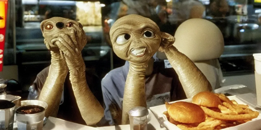 Image similar to e. t sitting in a mc donald ’ s restaurant with an angry expression because he got the wrong hamburger.