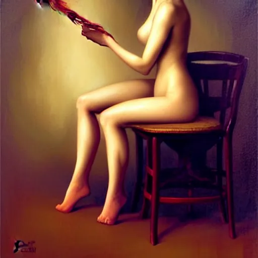 Image similar to a beautiful woman tied to a chair using spaghetti, painting by Charlie Bowater and Gerald Brom