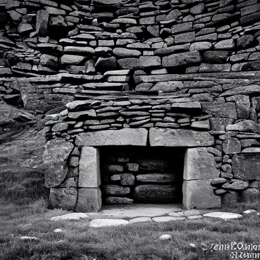 Image similar to ancient scottish dark stone blackhouse designed by le corbusier. dramatic lighting, sigma 2 4 mm, wide angle lens, ƒ / 8