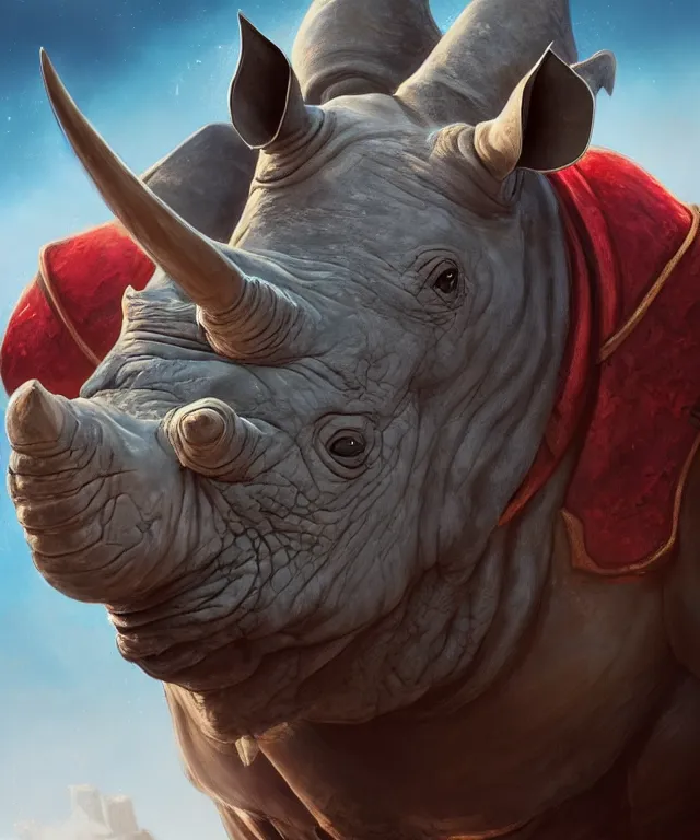 Image similar to A beautiful portrait of an anthropomorphic rhino wearing paladin armor, character design, by Pixar style by Tristan Eaton_Stanley Artgerm and blizzard studios and Tom Bagshaw, hyper realism, high detail, trending on artstation, unreal engine 5, Lumen, 8k, 38mm photography