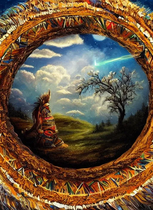 Image similar to a beautiful painting of a highly decorated round shamanic drum on the ground, with a beautiful cloudy sky, fantasy art, matte painting