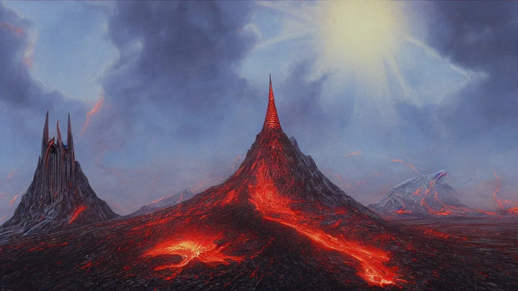 Image similar to mordor, flaming eye of sauron above the tower of darad - dur, by alan lee, intricate, lord of the rings calendar, smooth, detailed terrain, oil painting, trending artstation, concept art, matte painting