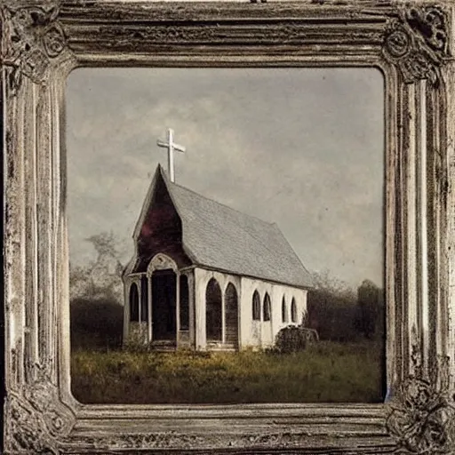 Image similar to picture of ghostly bride in front of an old wooden white church, 1 9 th century southern gothic scene, made by achenbach, andreas