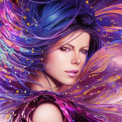 Image similar to ultra detailed illustration of Kate Beckinsale as a anime girl covered in a sea of iridescent liquid, chrome metal material, lost in a dreamy oriental realm by Karol Bak, Ruan Jia, Moebius, hiroshi yoshida, Druillet, colorful, front view, vivid colors, 8k, coherent, anime vibes, uplifting, magical composition, artstation, synthwave, 8k, coherent, artgerm, uplifting, unreal engine, magical composition, artstation,