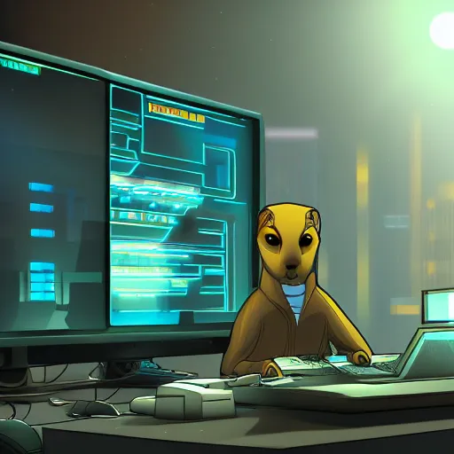 Image similar to prairie dog!! hacker in a blue-lit room surrounded by computers, cyberpunk, highly detailed, trending on pixiv