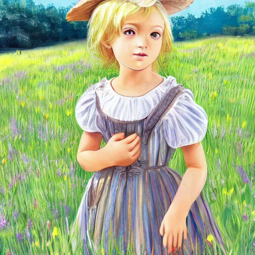 Image similar to young blonde pioneer girl in a meadow, portrait, anime
