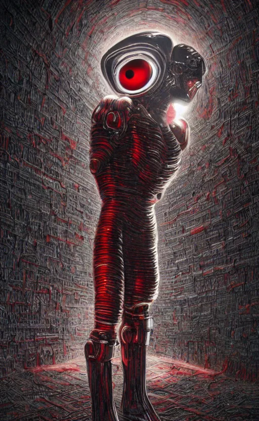 Prompt: full body portrait of chrome terminator, glowing red eyes, by wayne barlow, stanley donwood, anton semenov, zdzislaw bekinski, hr giger, 8 k, fantasy, dark, highly detailed