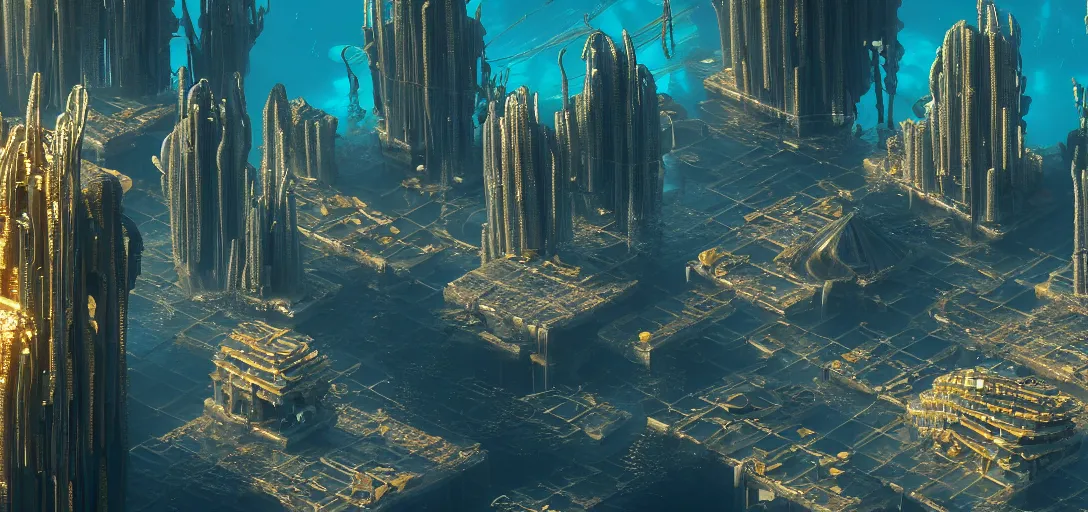 Prompt: cyberpunk civilization underwater built with shinny golden buildings by antoni gaudi, bridges and pipe roads by wlop, underwater light rays, bubbles, old kelp forest, corals at flynn reef, national geographic, rule of thirds, octane render sidefx isotropix nvidia omniverse materialx osl redshift arnold unreal engine, hyper detailed, sharp focus