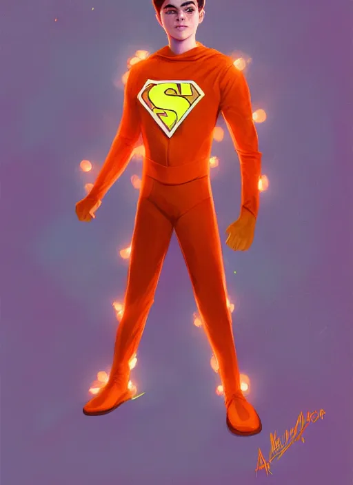 Prompt: kind teenage archie andrews wearing an orange superhero costume, superhero costume with heart emblem, cape, intricate, elegant, glowing lights, highly detailed, digital painting, artstation, sharp focus, illustration, art by wlop, mars ravelo and greg rutkowski