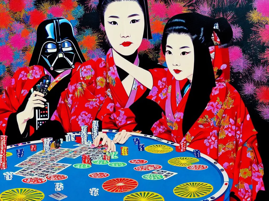 Image similar to hyperrealistic composition of the detailed woman in a japanese kimono sitting at a poker table with detailed darth vader, fireworks, mount fuji on the background, pop - art style, jacky tsai style, andy warhol style, acrylic on canvas