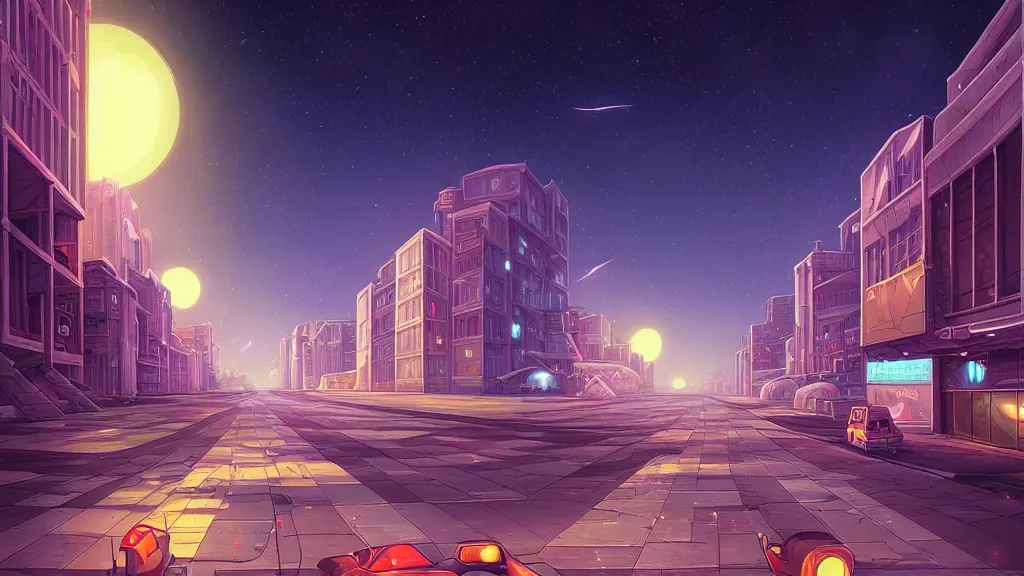 Prompt: the empty city street looking towards the spaceport at night by cyril rolando and naomi okubo and dan mumford