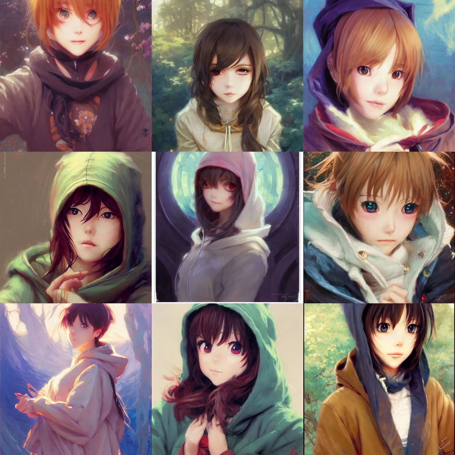 Prompt: cute anime girl portraits, wearing hoodie, anime, painting by gaston bussiere, craig mullins, j. c. leyendecker