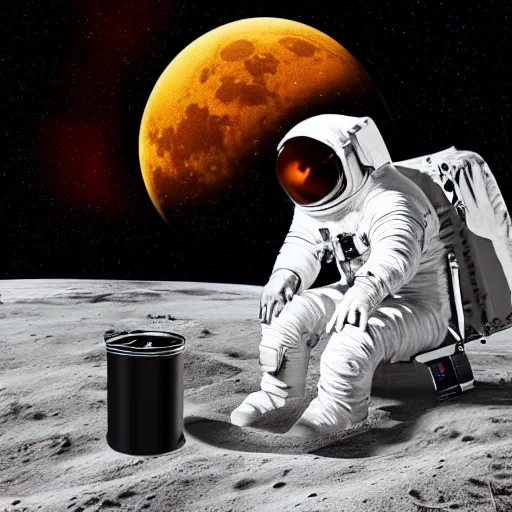 Image similar to photo of a detailed, realistic, regular sized, sitting idle fender electric guitar next to a sitting idle beer can and an astronaut sitting down on the moon surface. detailed photo. realistic photo. cinematic. cinematic shot