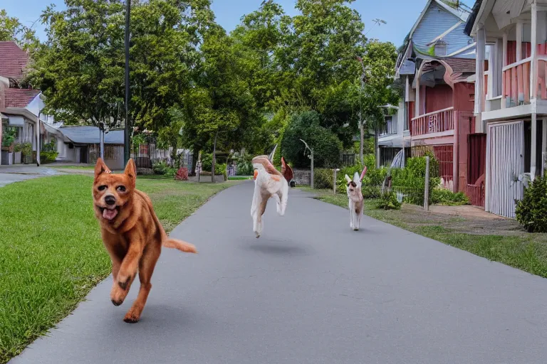 Image similar to a residential street in a suburb with dogs running directly towards the camera, wide shot