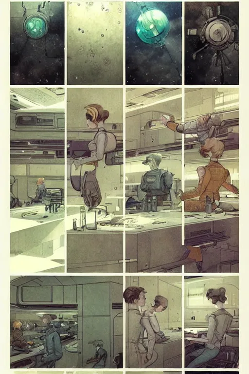 Image similar to graphic novel page layout ( ( ( ( ( 1 9 5 0 s retro future boy super scientest lab interior. muted colors. ) ) ) ) ) by jean - baptiste monge!!!!!!!!!!!!!!!!!!!!!!!!!!!!!!