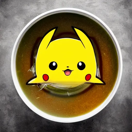 Image similar to hyperrealistic photo of a bowl of soup made of pikachu shaped pasta