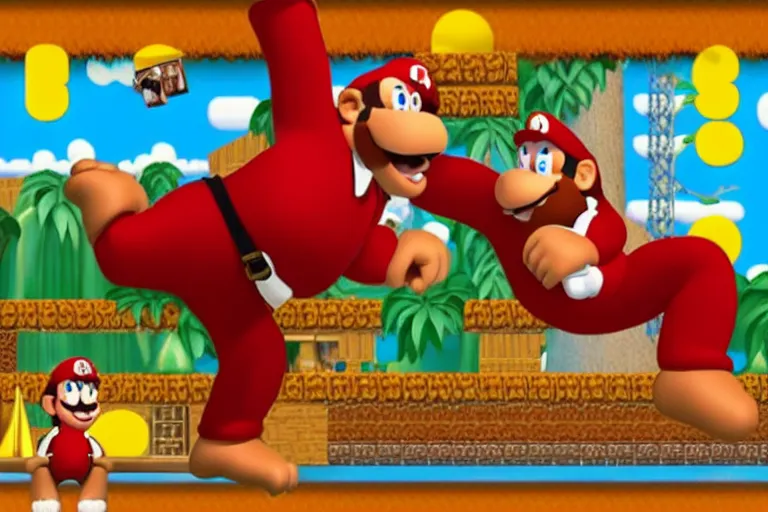Image similar to a photo made with a disposable camera of Donkey Kong sitting next to Super Mario on the couch while playing a video game