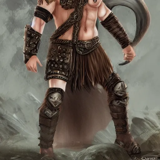 Prompt: ginger viking with flowing long wavy hair in leather armor, very pale, very hairy chest, bare chest, very thick legs, bare legs, husky body type, very muscular, very tall, full body picture, fantasy, dungeons and dragons, detailed digital art, 4 k