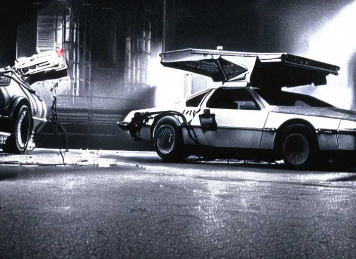 Image similar to screenshot from the iconic scene from the lost Back to the Future film directed by Martin Scorsese, cinematic lighting, unsettling set design with extreme detail, moody cinematography, with anamorphic lenses, crisp, detailed, 4k image, starring Marty Mcfly