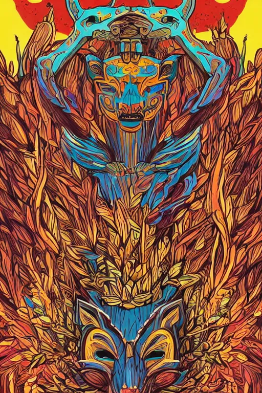 Image similar to animal mask totem roots flower tribal feather gemstone plant wood rock shaman vodoo video game vector cutout illustration vivid multicolor borderlands comics by josan gonzales and dan mumford radiating a glowing aura