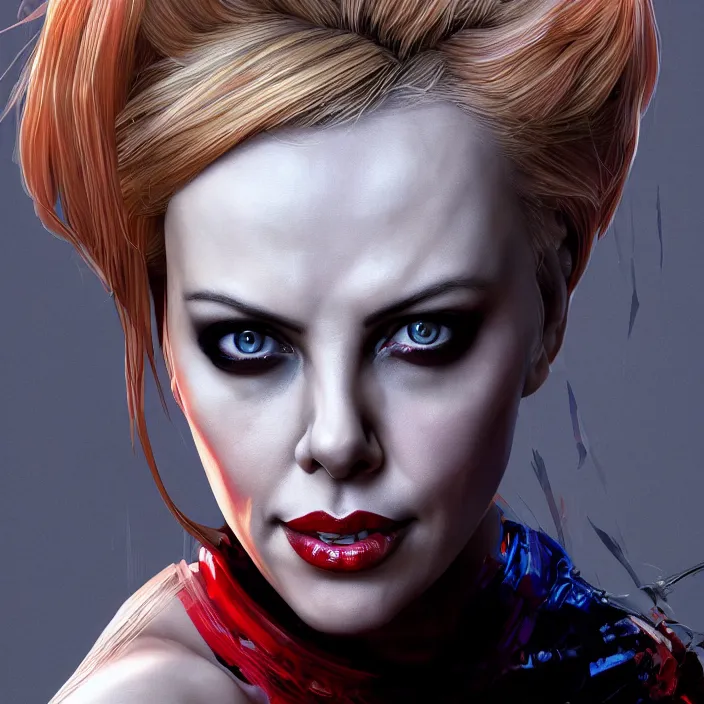 Prompt: portrait of Charlize Theron as a harley quinn. intricate abstract. intricate artwork. by Tooth Wu, wlop, beeple, dan mumford. octane render, trending on artstation, greg rutkowski very coherent symmetrical artwork. cinematic, hyper realism, high detail, octane render, 8k, iridescent accents