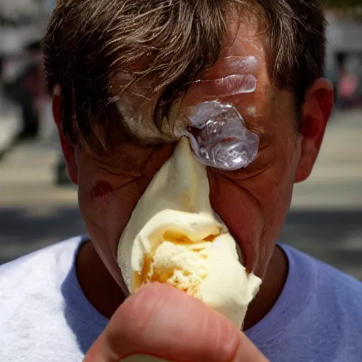 Image similar to a man crying his eye's out, snot dribbling out of his nose, because his ice cream cone is tiny. photograph.
