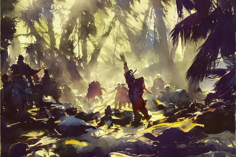 Image similar to small centered on watercolor paper, paint brush strokes, abstract watercolor painting of cultural jungle gathering, cinematic light, national romanticism by hans dahl, by jesper ejsing, by anders zorn, by greg rutkowski, by greg manchess, by tyler edlin