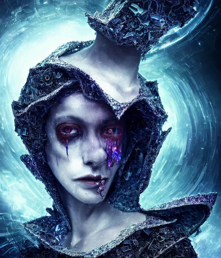 Image similar to impressive ominous front!! shot photo of a court jester character fine portrait fine portrait mesmerizing fractal hyper cubes platinum cracked dark future hyper dimensional space galactic crystal nebula edges elegant detailed intricate concept artstation sharp focus ray tracing cinematic masterpiece temporal corruption beeple wlop germ 8 4 k scifi glossy hyper realistic illustration canon eos r 3 fujifilm x - t 3 0 sony alpha a 6 6 0 0