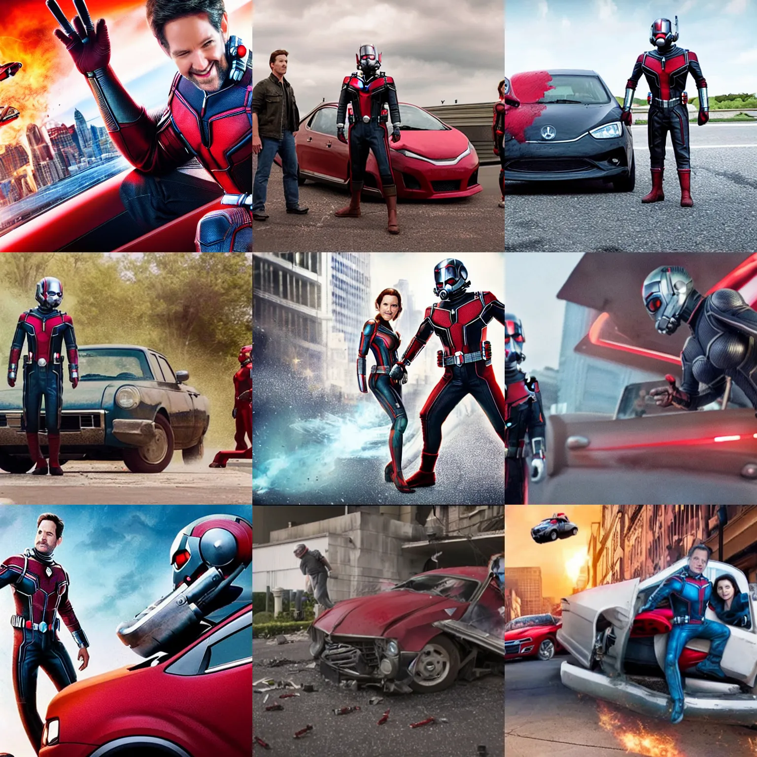 Prompt: Giant Scott Lang (Ant-Man) crushes a car, film still from 'Ant-Man and the Wasp'