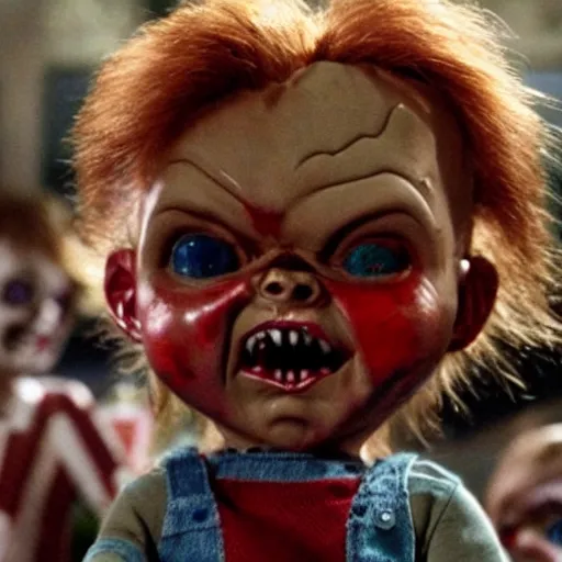 Image similar to Chucky the killer doll from the movie Child's Play surrounded by zombies in a still from the movie Dawn of the Dead 8k hdr