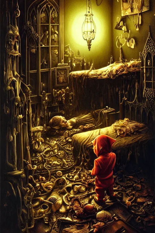Prompt: realistic detailed image of a little boy looking under the *bed* in gory hotel room. small *elf is hiding* by the lamp on the shadowy dresser. Ayami Kojima, Karol Bak, Greg Hildebrandt, Neo-Gothic, gothic, rich deep colors. Hauntingly surreal, dark art. Part Beksinski painting, part by Adrian Ghenie and Gerhard Richter, part by Takato Yamamoto. 8k masterpiece