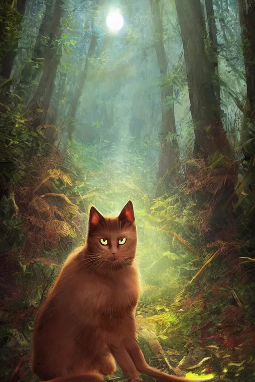 Image similar to warriors book cover, cat in a forest, by wayne mcloughlin, trending on artstation, backlighting