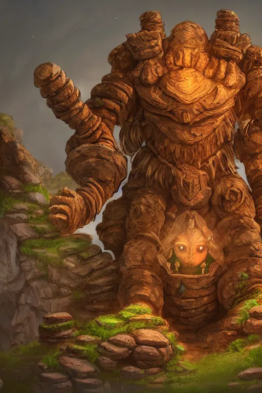 Image similar to zelda fantasy art giant golem troll wood rock greeble gemstone, global illumination ray tracing hdr fanart arstation by sung choi and eric pfeiffer and gabriel garza and casper konefal