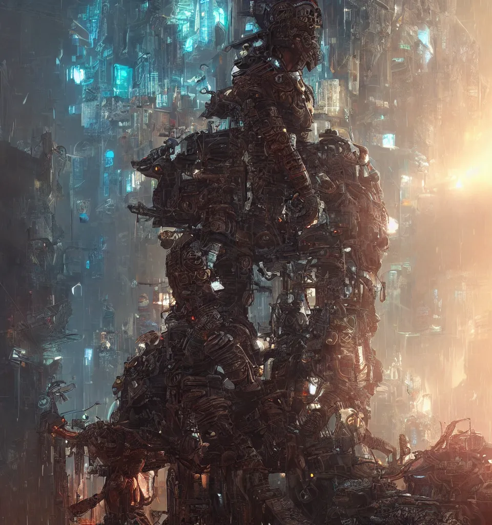 Image similar to cyberpunk gladiator, cinematic, highly detailed, octane render, cg, rich cinematic atmosphere, perfect digital art, mystical journey in strange world, Mystical, cyberpunk, tech war, sci-fi, surreal, glowing lights, sharp focus, high detailed, by Akihiko Yoshida, michael whelan and Karol Bak