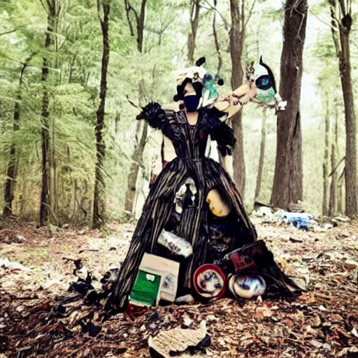 Image similar to a woman with a mask made of garbage and junk in a forest, vogue magazine