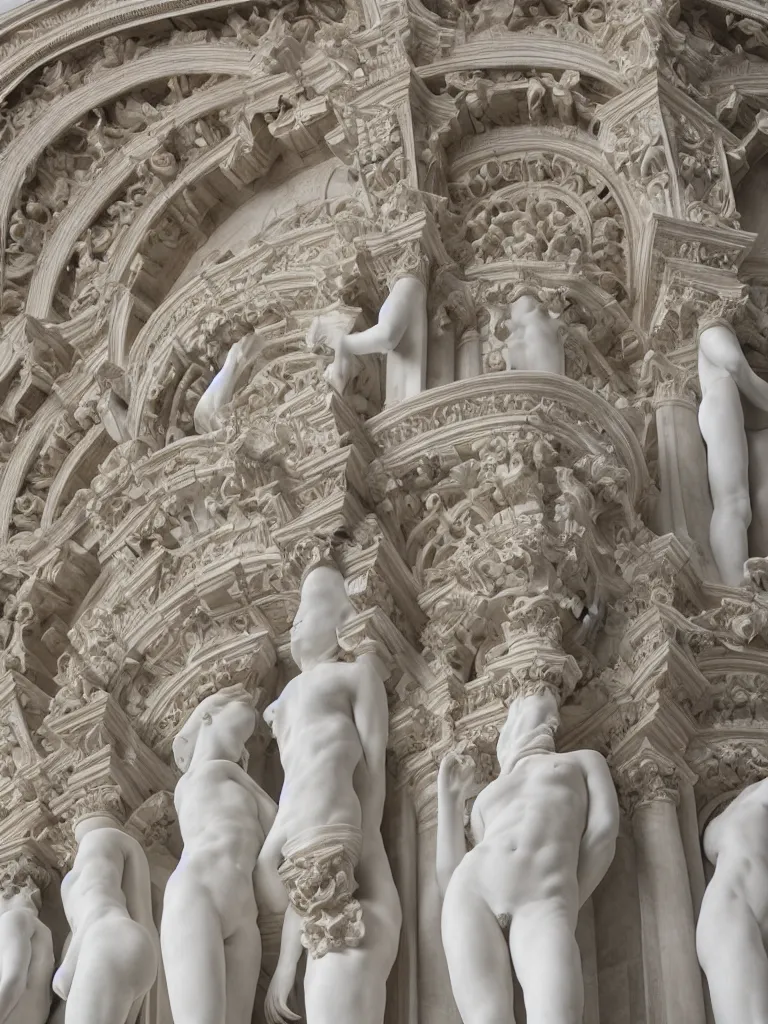 Image similar to Epic view of intricate stained statue with symmetrical multi-directional globin faces looking to all sides using a velvet veil statue sculpted on white marble by Antonio Corradini and Bernini