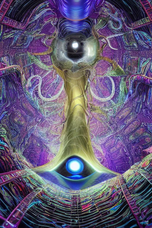 Image similar to the machine universe encounters a living cosmos inside an asymmetric orthogonal non - euclidean upside down inside out world with an infinite cosmic spiral waterfall of living information, inspired by android jones and blake foster, hyperrealistic, extreme detail, psychedelic visionary digital art, concept art, rendered in cinema 4 d, cryengine 8 k