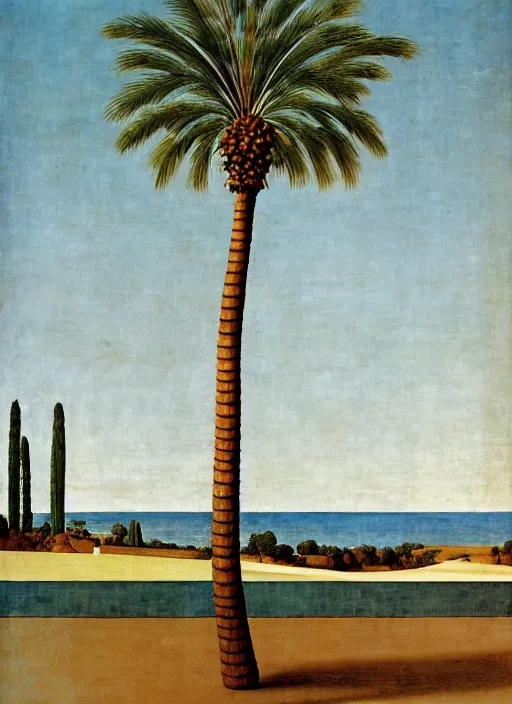 Prompt: realistic and geometrically precise painting of a palm tree painted by piero della francesca, high quality, no blur, 4 k